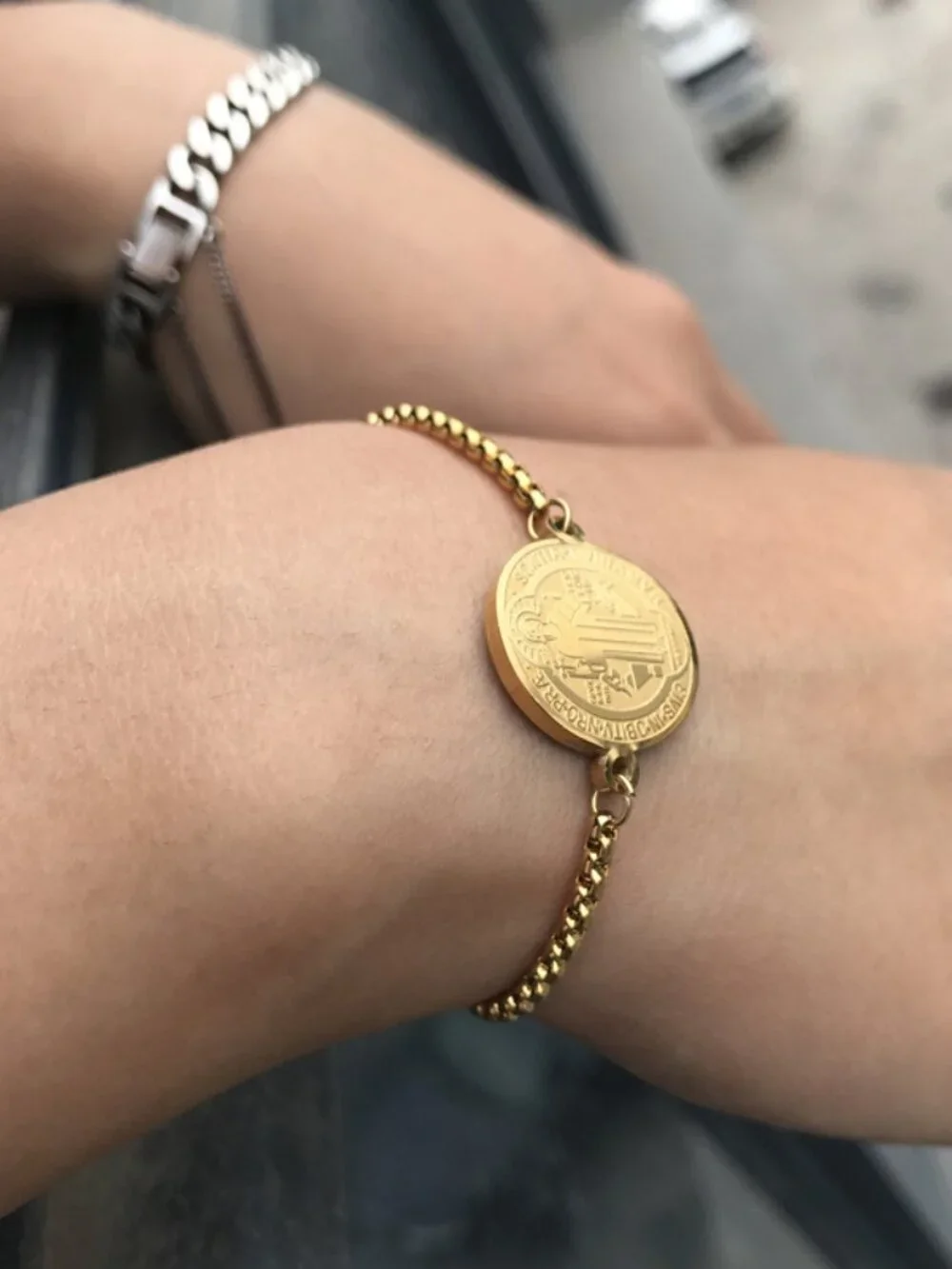 Gold St Benedict Medal Bracelet Stainless Steel Adjustable Religious Jewelry
